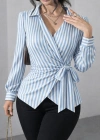 Kadın çizgili Kruvaze Bağlamalı Gömlek