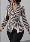 Kadın çizgili Kruvaze Bağlamalı Gömlek