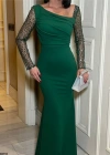 Kadın Dalgıç Krep Kumaş Kolları Tül Ve Taş Detaylı önü Drapeli Maxi Boy Elbise