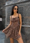 Kadın Dalgıç Kumaş Dijital Baskılı Önden Bağlama Detaylı Kare Yaka Leopar Desenli Elbise