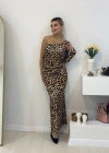 Kadın Dalgıç Kumaş Leopar Baskılı Yan Dekolte Detaylı Elbise