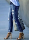 Kadın Dar Kesim Cepli önden Yırtık Desenli Denim Pantolon