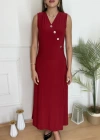 Kadın Düğme Detay Kolsuz Maxi Boy Elbise
