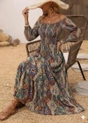 Kadın Düşük Omuzlu Beli Büzgülü Dijital Desenli Kesik Elyaf Süprem Uzun Elbise