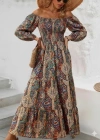 Kadın Düşük Omuzlu Beli Büzgülü Dijital Desenli Kesik Elyaf Süprem Uzun Elbise