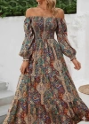 Kadın Düşük Omuzlu Beli Büzgülü Dijital Desenli Kesik Elyaf Süprem Uzun Elbise