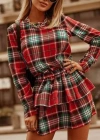 Kadın Ekose Kumaş Dijital Baskılı Uzun Kollu Mini Boy Elbise