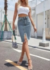 Kadın Elastik Bel Yırtık Kenar Detaylı Kot Etek