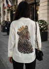 Kadın Leopar Baskılı Taş Işlemeli Jessica Kumaş Gömlek