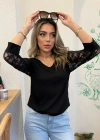 Kadın Fakir Kol V Yakalı Dantelli Viskon Bluz
