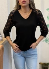 Kadın Fakir Kol V Yakalı Dantelli Viskon Bluz