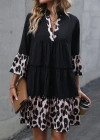 Kadın Fakir Kol V Yakalı Leopar Desen Detaylı Trikoton Elbise