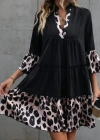 Kadın Fakir Kol V Yakalı Leopar Desen Detaylı Trikoton Elbise