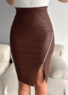 Kadın Fermuarlı Deri Kumaş Mini Etek