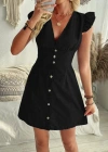 Kadın Fırfır Kollu V Yakalı Düğmeli Keten Elbise