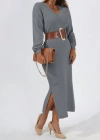 Kadın Gri Uzun Kollu Yırtmaçlı V Yaka Triko Elbise