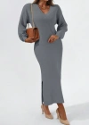 Kadın Gri Uzun Kollu Yırtmaçlı V Yaka Triko Elbise