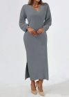 Kadın Gri Uzun Kollu Yırtmaçlı V Yaka Triko Elbise