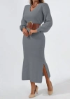 Kadın Gri Uzun Kollu Yırtmaçlı V Yaka Triko Elbise
