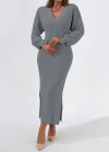 Kadın Gri Uzun Kollu Yırtmaçlı V Yaka Triko Elbise