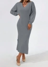Kadın Gri Uzun Kollu Yırtmaçlı V Yaka Triko Elbise