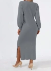 Kadın Gri Uzun Kollu Yırtmaçlı V Yaka Triko Elbise