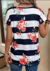 Kadın Gül Desenli çizgili Süprem Tshirt