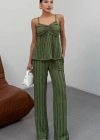 Kadın Haki Dokulu Askılı Üst Ve Bol Paça Pantolon 2’li Takım