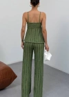 Kadın Haki Dokulu Askılı Üst Ve Bol Paça Pantolon 2’li Takım