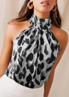 Kadın Halter Yaka Leopar Desenli Mikro Kumaş Bluz