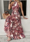 Kadın Halter Yakalı Omuzlardan Açık Kuşaklı Maksi Boy Desenli Süprem Elbise