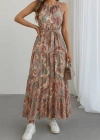 Kadın Halter Yakalı Omuzlardan Açık Kuşaklı Maksi Boy Desenli Süprem Elbise