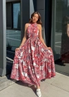 Kadın Halter Yakalı Omuzlardan Açık Kuşaklı Maksi Boy Desenli Süprem Elbise