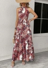 Kadın Halter Yakalı Omuzlardan Açık Kuşaklı Maksi Boy Desenli Süprem Elbise