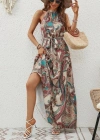 Kadın Halter Yakalı Omuzlardan Açık Kuşaklı Maksi Boy Desenli Süprem Elbise