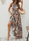 Kadın Halter Yakalı Omuzlardan Açık Kuşaklı Maksi Boy Desenli Süprem Elbise
