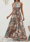 Kadın Halter Yakalı Omuzlardan Açık Kuşaklı Maksi Boy Desenli Süprem Elbise