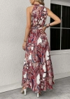 Kadın Halter Yakalı Omuzlardan Açık Kuşaklı Maksi Boy Desenli Süprem Elbise