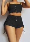 Kadın Ip Askılı Crop Bluz Ve Yanlardan Büzgülü Ikili Kaşkorse Short Takım