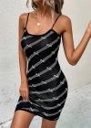 Kadın Ip Askılı Dekolteli çizgi Desenli Triko Elbise
