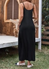 Kadın Ip Askılı Derin Geniş V Yakalı Uzun Viskon Elbise