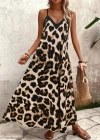 Kadın Ip Askılı Geniş V Yakalı Leopar Desenli Süprem Elbise