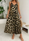 Kadın Ip Askılı Geniş V Yakalı Leopar Desenli Süprem Elbise