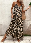 Kadın Ip Askılı Geniş V Yakalı Leopar Desenli Süprem Elbise