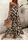 Kadın Ip Askılı Geniş V Yakalı Leopar Desenli Süprem Elbise