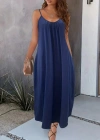 Kadın Ip Askılı Geniş V Yakalı Viskon Elbise