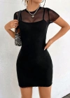 Kadın Ip Askılı Kısa Dalgıç Elbise Ve Kısa Kollu Tül Elbise Ikili Takım