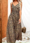 Kadın Ip Askılı Kruvazeli Yakalı Beli Lastikli Leopar Desenli Uzun Süprem Elbise