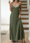 Kadın Ip Askılı V şerit Yakalı Uzun Viskon Elbise