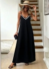Kadın Ip Askılı V şerit Yakalı Uzun Viskon Elbise
